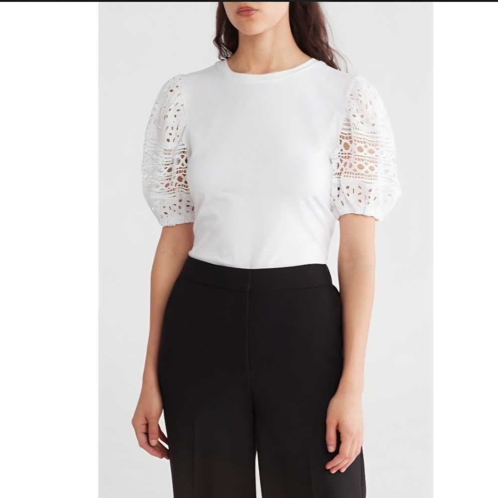 Ellen Tracy Crispy White Lace Sleeve Top Medium Eyelet Lace Sleeves NWT